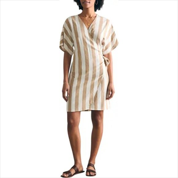 Faherty Dresses & Skirts - Faherty Willow wrap dress stripe tan cream linen Dolman sleeve new XS